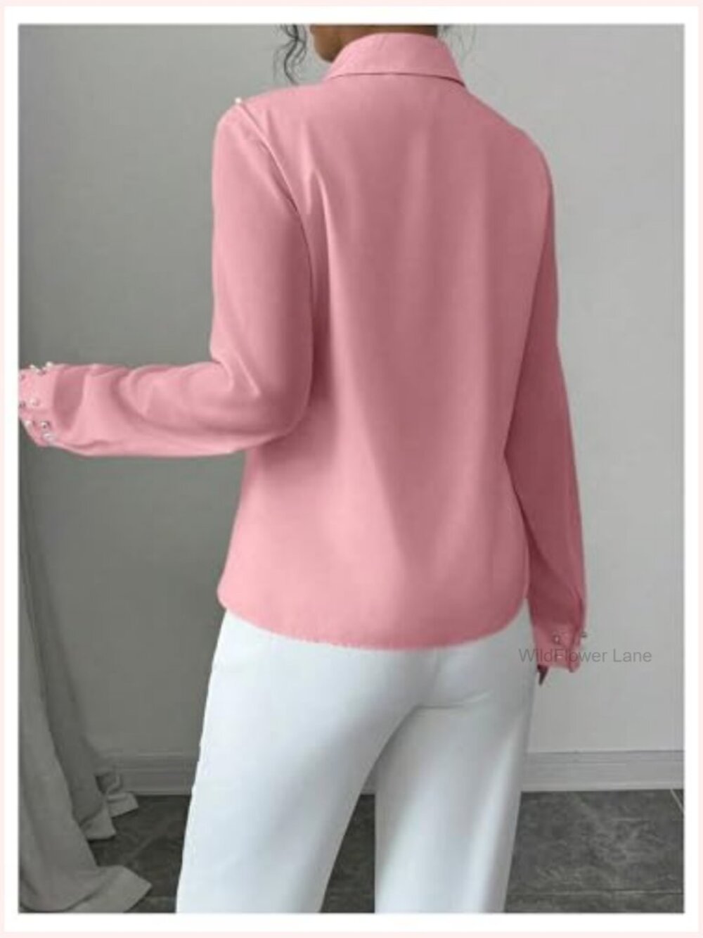 Pearl Beaded Long Sleeve Button Down Blouse Shirt Work Office - Picture 3 of 5